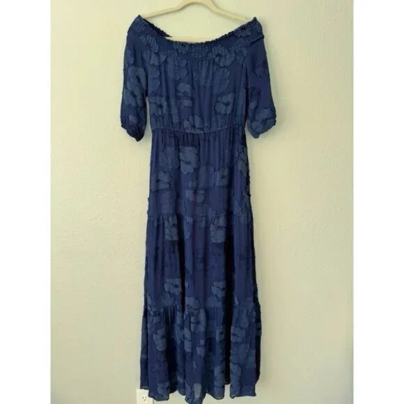 Shoshanna midnight navy blue floral embossed off shoulder maxi dress Prom 4 - Picture 3 of 15